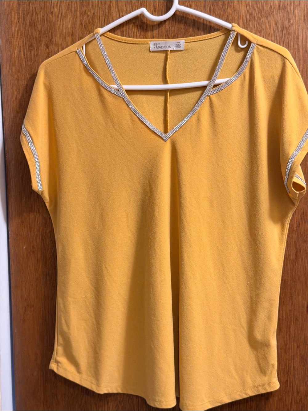 Madison Mustard V-Neck Short Sleeve Top with Rhinestone Trim